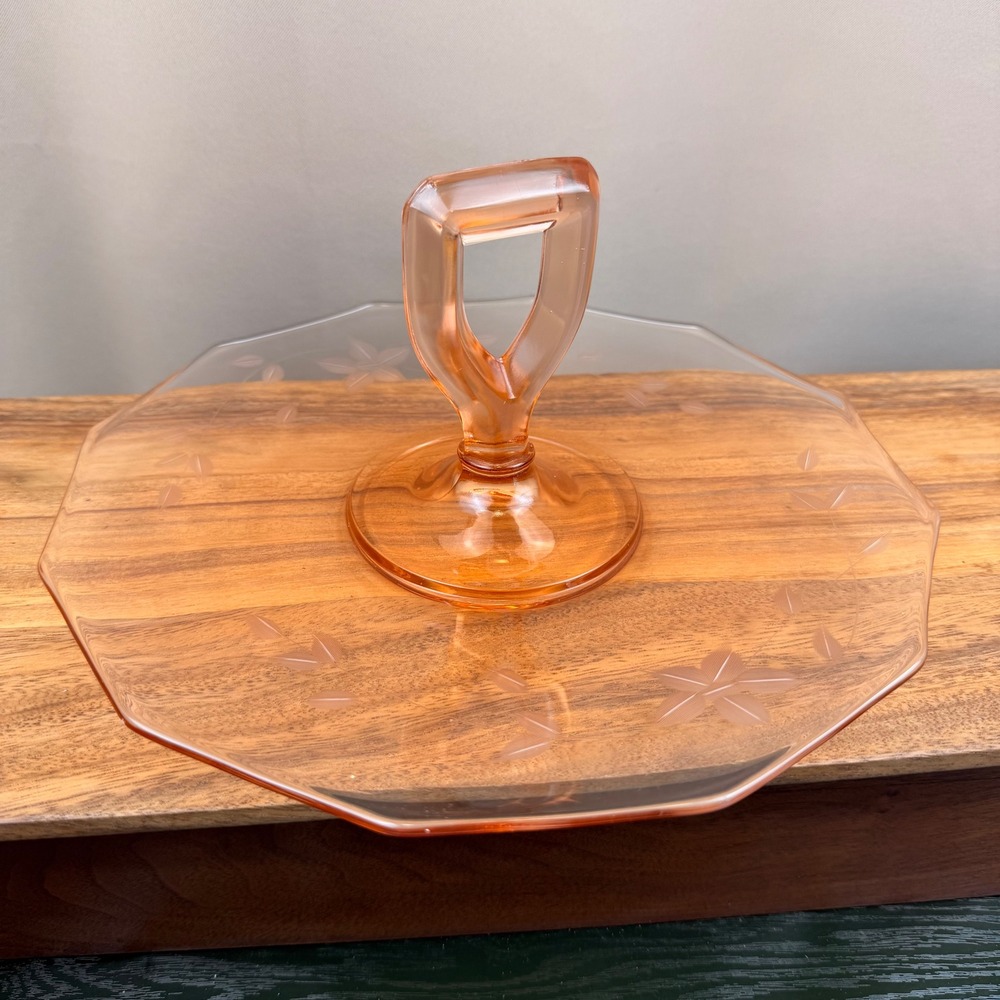 Vintage Pink Depression Glass Tidbit Tray Etched Floral Octagon Center Handle